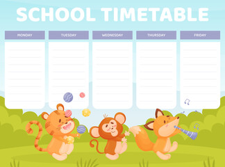 School Timetable with Cute Animal Parade Vector Template