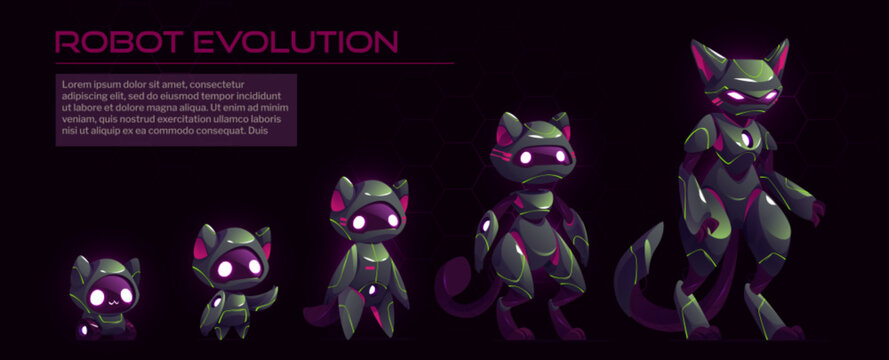 Cartoon set of cat robot evolution levels. Vector illustration of futuristic ai character progress from wheeled kitten to animal cyborg with paws, tail, screen face with led eyes. Tech development