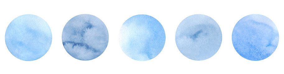 A set of watercolor circles, spots, in blue and gray shades with a gradient, isolated on a white background. Drawn by hand. Texture of watercolor on paper. Element for design.