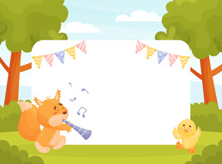 Cute Animal Parade with Chick and Squirrel Play Flute Note Frame Vector Template