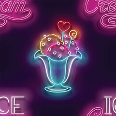 Seamless pattern with glow Ice Cream Balls in Vase, Candies and Inscription. Sweet Dessert Concept. Neon Light Texture, Signboard. Glossy Background. Vector 3d Illustration