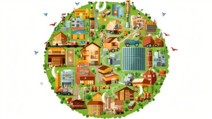 Illustration of human habitat, symbolizing the circular nature of economic development. Habitation, industry, agriculture, science, transportation, recycling. Mockup, isolated on white background.