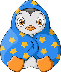 Cute penguin cartoon wearing blanket