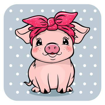 Cute baby pig girl character on white background. Vector illustration.