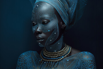 Black Woman Futuristic Ethnic. African American Fashion Portrait, Body Art, Headdress, Jewelry, Beauty Accessories. Generative AI.