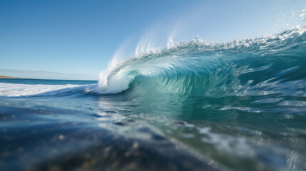Blue breaking wave with clear water