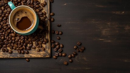 A mug of coffee and beans on an old table. Top view with copy space