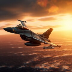 Fototapeta na wymiar F-16 air force fighter flying over the ocean, beautiful sunset over horizon on the background. Jet military aircraft patrols territory, makes a training flight. Close up aerial view. 3D rendering.