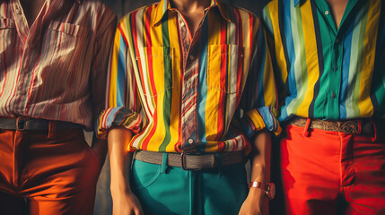 Fototapeta premium Stylish Teens Rocking Eye-Catching Retro Attire with Distinctive Colors and Vintage Shirts