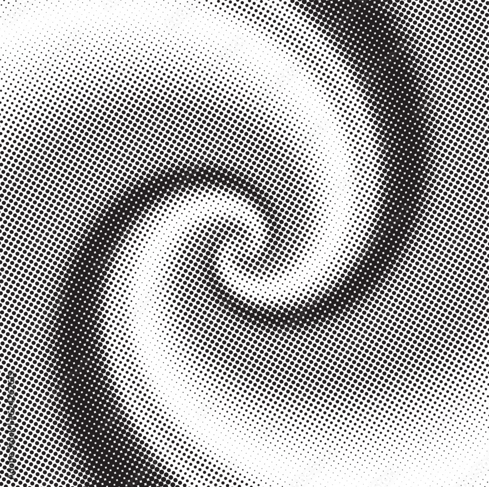 Poster Monochrome swirl dots background. Fade texture. Vintage pop-art backdrop. Twirl effect dotted overlay Background.. Vector illustration.	