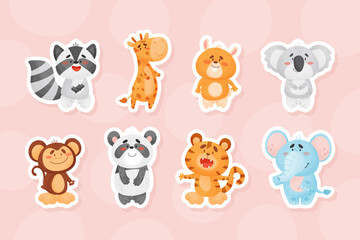 Cute Zoo Animal with Happy Muzzle Vector Sticker Set