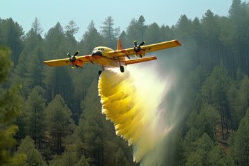 Fototapeta na wymiar Rescue firefighting aircraft extinguish a forest fire by dumping water on a burning coniferous forest. Saving forests, fighting forest fires. Bird's-eye view, pine forest backdrop. 3D rendering.