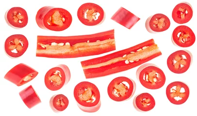 Foto auf Acrylglas Scharfe Chili-pfeffer Set of chopped chili pepper with seeds isolated on a white background, top view. Raw food ingredient concept.