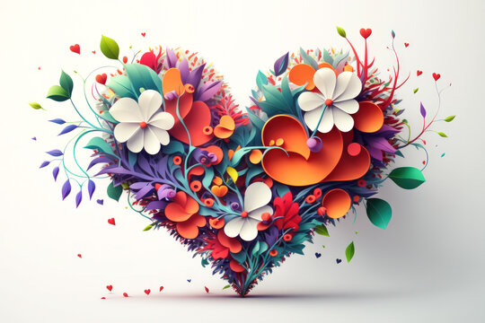 Surreal abstract heart minimal. Vivid fashionable floral heart cutout on white background. 3d colorful illustration for valentine, marriage, wedding concept
