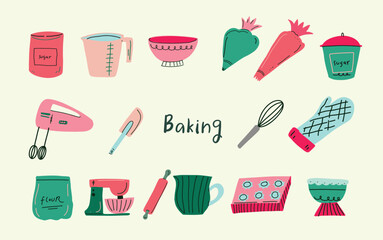 Hand drawn modern baking and cooking tools vector collection - 624263277