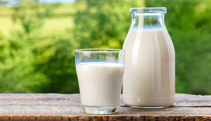 Fresh organic milk in glass and bottle on rustic wooden table on nature background. Vegetable milk, vegan milk, Kefir, or Turkish Ayran drink for helthy eating. Space for text