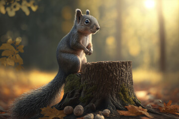 Squirrel sitting on a tree stump in the autumn forest.