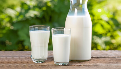 Fresh organic milk in glass and bottle on rustic wooden table on nature background. Vegetable milk, vegan milk, Kefir, or Turkish Ayran drink for helthy eating. Space for text