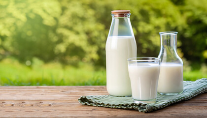 Fresh organic milk in glass and bottle on rustic wooden table on nature background. Vegetable milk,...