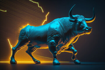 Bull on a dark background with neon lights.  Stock market or forex trading concept