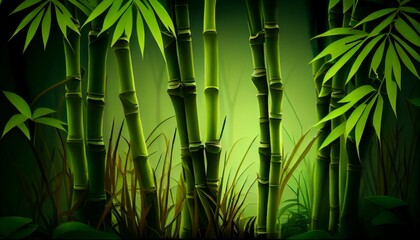 Fototapeta na wymiar Green bamboo forest background, illustration, horizontal, copy space