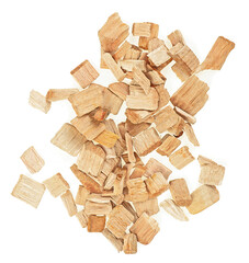 Group of wood chips isolated on a white background, top view. Wooden smoking chips.