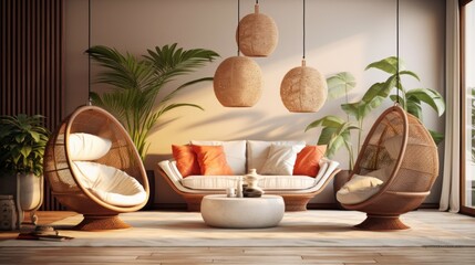 Cozy modern living room interior. Boho style hanging wicker egg chairs, wicker hanging lamps, vintage sofa, plants in floor pots, coffee table add a bohemian chic to the bright room. 3D rendering.