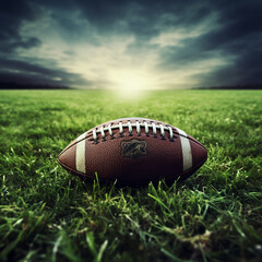 American football ball on grass field with Generative AI technology.