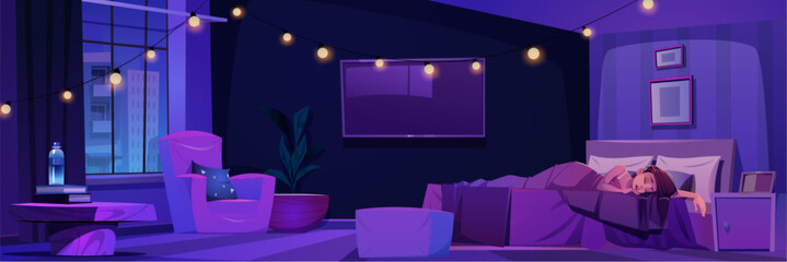 Woman sleep on bed mattress at night time vector illustration. Character in bedroom relax lying asleep cartoon background. Lady sweet dreams and healthy rest calm flat scene with garland background.