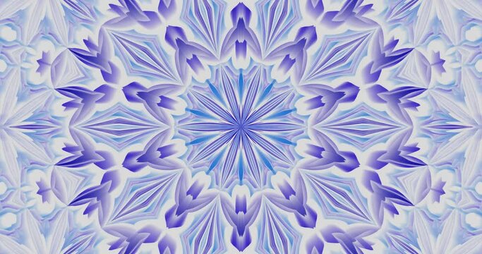 Glowing kaleidoscope of blue rays of light on a white background