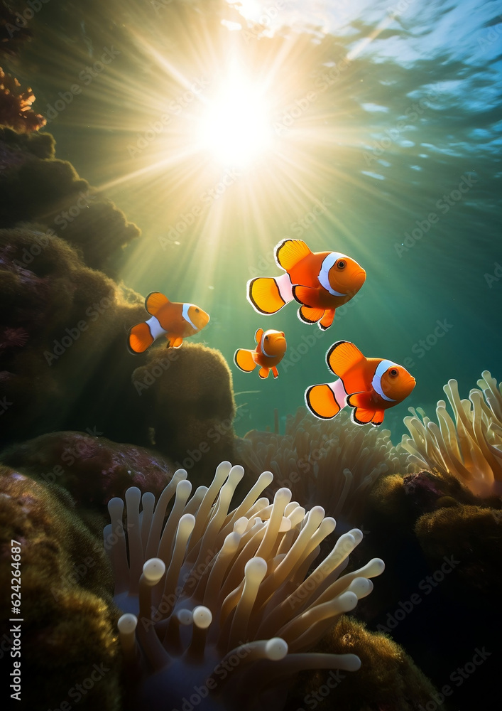 Canvas Prints Sun rays beaming down the ocean with clownfish swimming underwater 