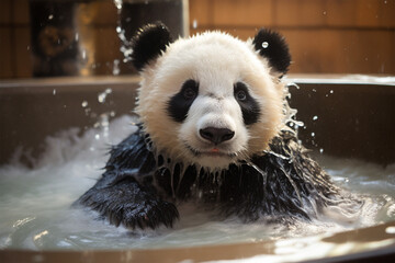 a panda taking a bubble bath