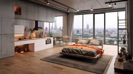 Luxury studio apartment with a free layout in a loft style in dark colors. Stylish modern kitchen with dining area, cozy bedroom area, floor-to-ceiling window with stunning city view. 3D rendering.
