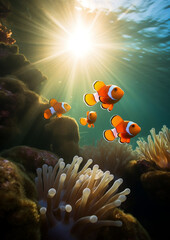 Fototapeta na wymiar Sun rays beaming down the ocean with clownfish swimming underwater 