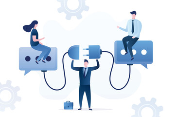 Support for successful negotiations, assistance in finding solution. Communicate to solve problem, discussion or meeting. Smart businessman help connect plug