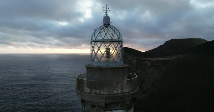 aerial shot of Capelinhos volcano lighthouse in Faial Azores