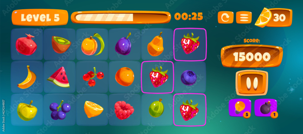 Poster fruit icon for casino ui game interface cartoon element set. food button for match 3 mobile gamble a