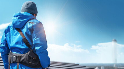 A roofer worker in special protective workwear and gloves is seen in a building construction background