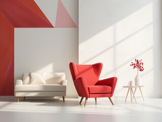 Red wingback chair and white sofa in bright room interior design of modern living room with abstract geometric shapes generative ai