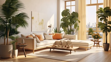 Obraz premium Cozy elegant boho style living room interior in natural colors. Comfortable couch with cushions and plaid, many houseplants, wooden coffee table, painting on the wall, home decor. 3D rendering.