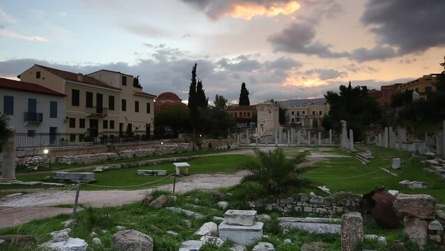 Remains of Roman Agora in the old town of Athens, Greece. 

