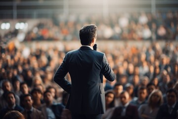 Back view of motivational speaker standing on stage in front of audience for motivation speech on...
