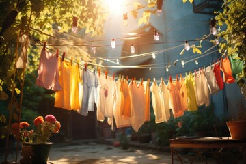 After being washed, childrens colorful clothing dries on a clothesline in the yard outside in the sunlight. protection against colored cloth fading. Organic baby detergents and washing.
