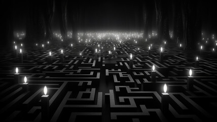 Embark on an adventure in an intriguing black and white maze adorned with a multitude of captivating lights