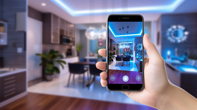 A person holding a smartphone in a smart home brings the digital realm to life within the comfort of their own house