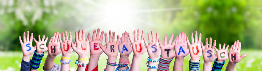 Children Hands, Schueleraustausch Means Student Exchange, Grass Meadow