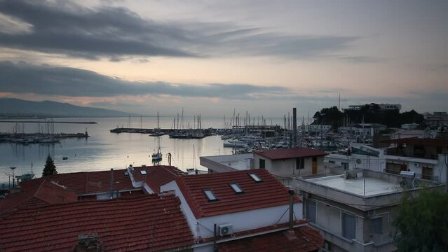 View of yacht club and Mikrolimano marina in Piraeus.
