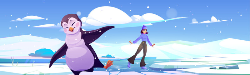 Obraz premium Girl ice skating and dancing penguin vector landscape. North Pole glacier scene with crack land illustration. freeze snowy scenery design with hole in floor. Cold northern background with crash land