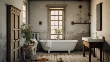 Naklejka na ściany i meble Interior design of Bathroom in Farmhouse style with Clawfoot Tub decorated with Subway Tile, Wicker Basket material. Farmhouse architecture.