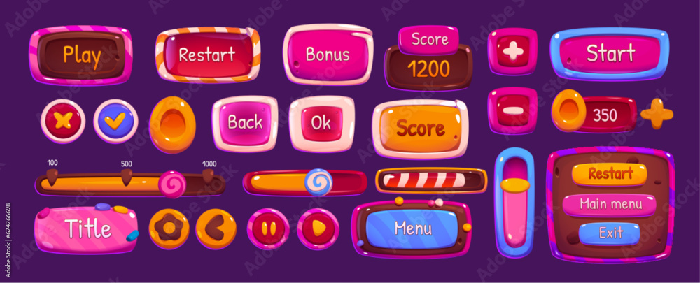 Poster candy ui game app interface and button frame glossy icon set. pink jelly and lollipop play design wi
